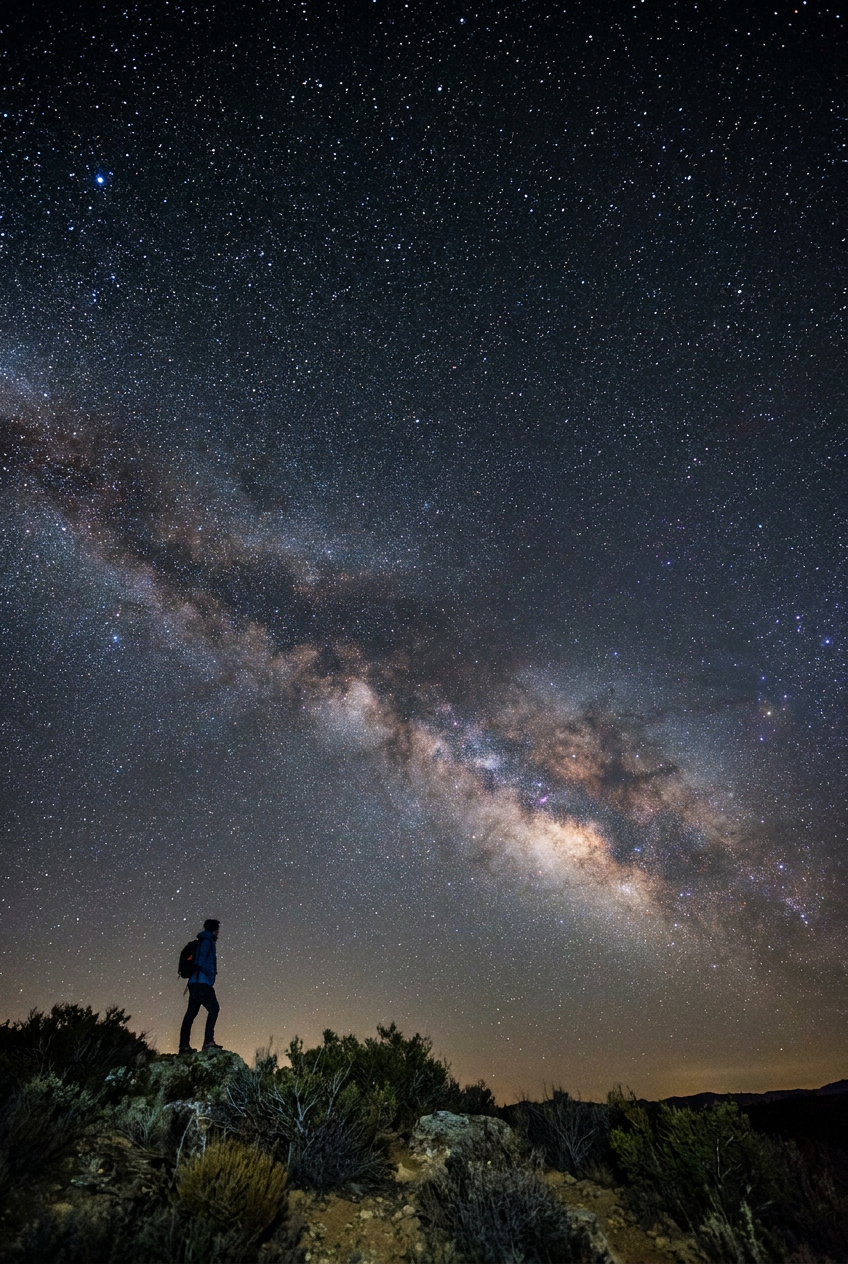 A photorealistic man standing beneath an enormous night sky filled wit, cinematic storytelling, using Unspecified AI image prompt