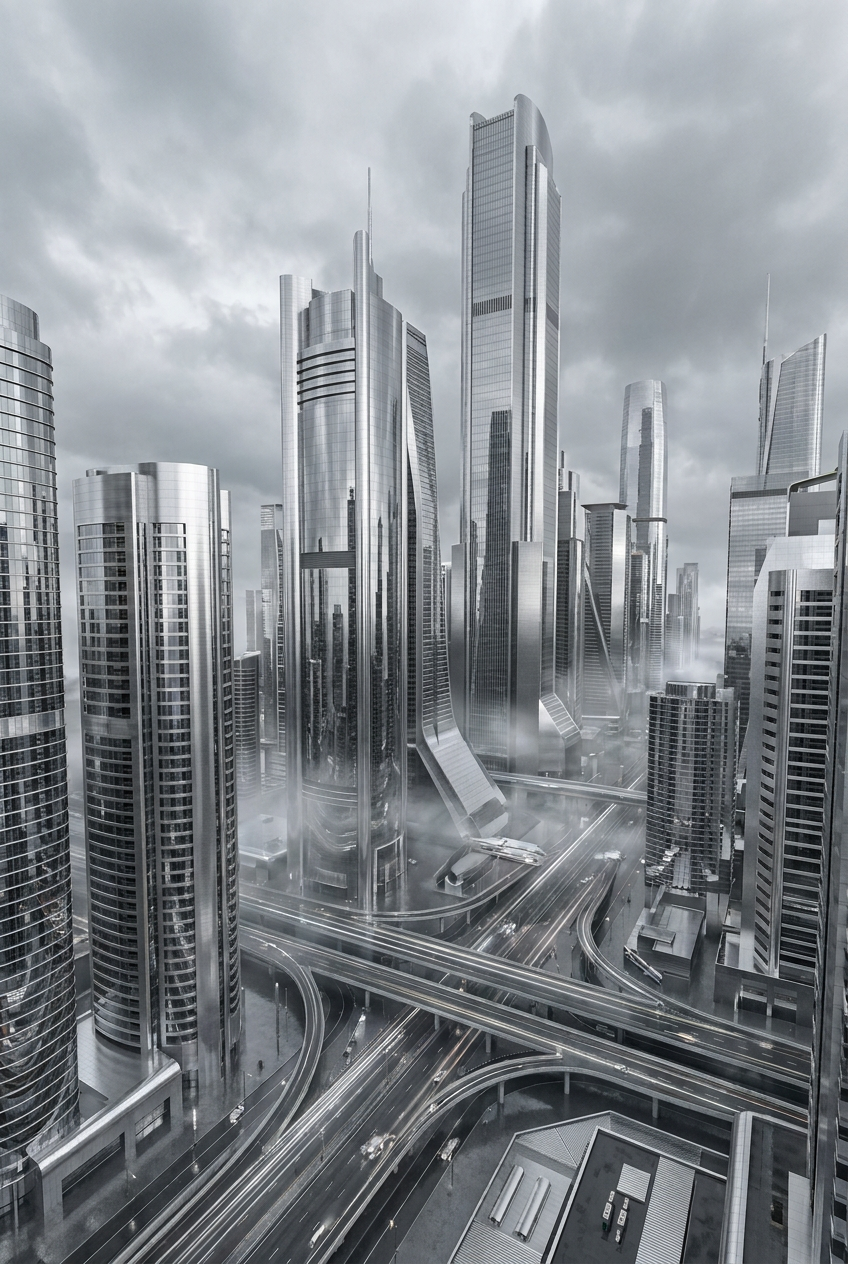 The Silver Metropolis Monochromatic-color study, architecture, using Unspecified AI image prompt